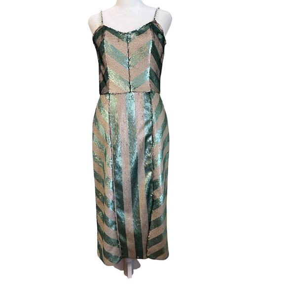 Johanna Ortiz Salon De Paris Jade Ivory Striped Sequin Dress Pearl Embellished 6 - Picture 2 of 12
